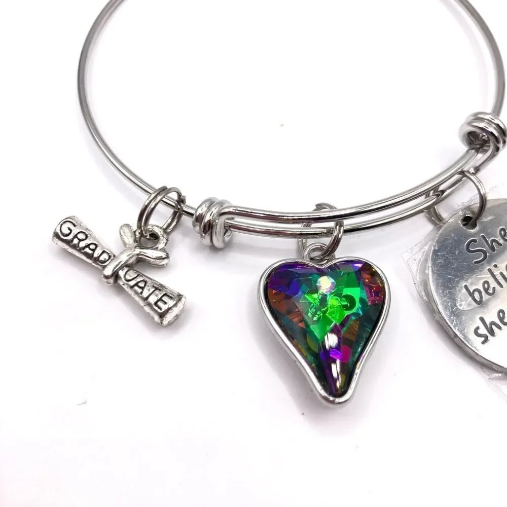Silver Charm Bangel Bracelet Graduation Heart Message Charm Bangle Bracelet